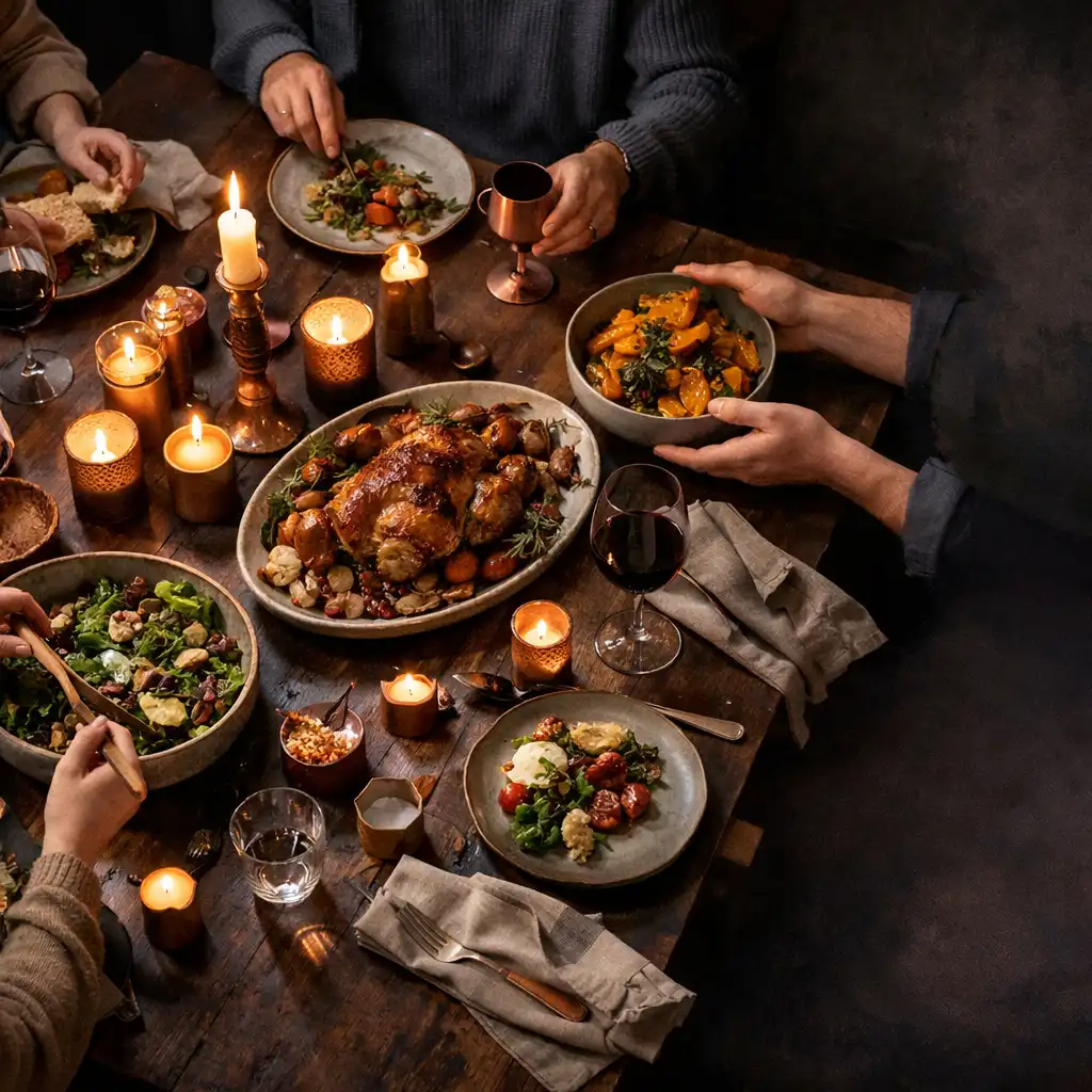 Közös esti étkezés sötét faasztalnál, gyertyafényben