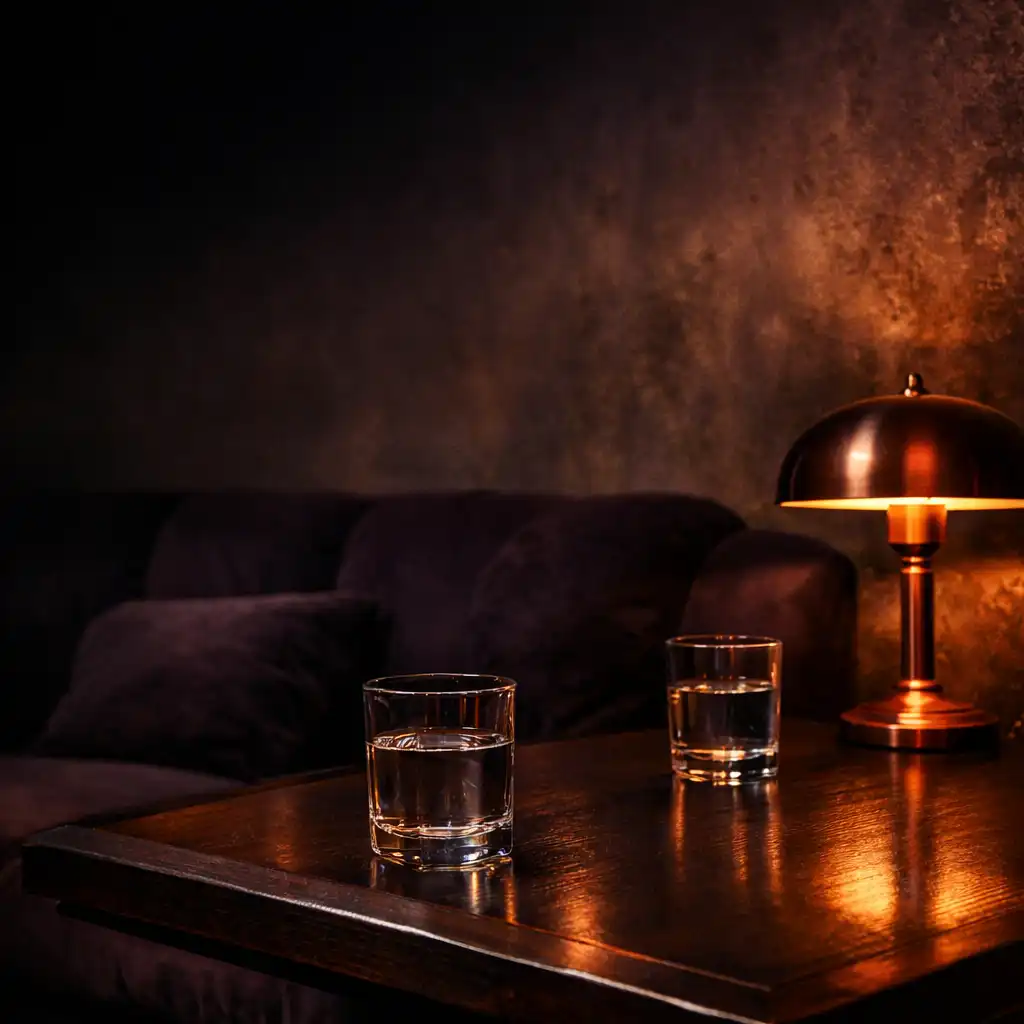 Bársonyos, sötét lounge-részlet rézfényű lámpával