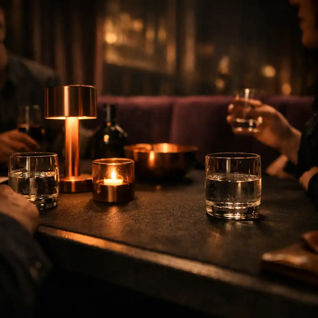 Meleg fényű, intim lounge-asztal sötét plum ülőhelyekkel