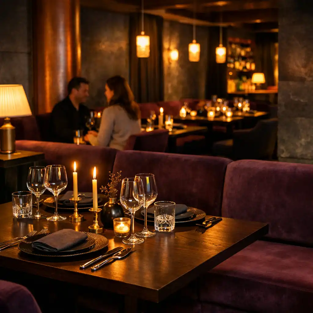 Sötét fa asztalokkal, plum ülőfelületekkel és réz részletekkel kialakított, meleg fényű Ízműhely lounge belső tér.