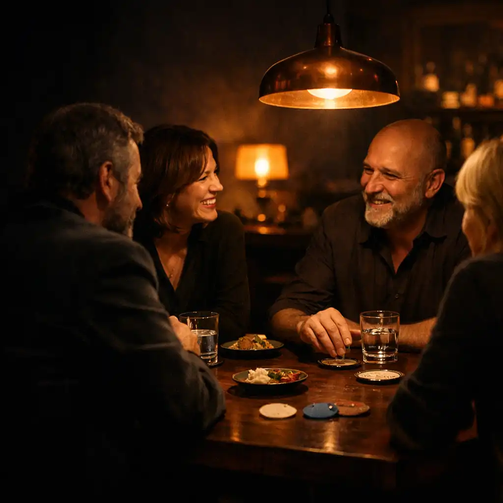 Vendégek beszélgetnek egy meleg fényű, terített asztal körül az Ízműhely lounge-ában.